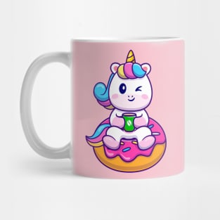 Cute Unicorn With Cofee And Doughnut Cartoon Mug